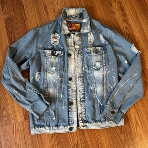 Rolling Paper Distressed Blue Paint Distressed‎ Denim Jacket Size M Vintage Y2k